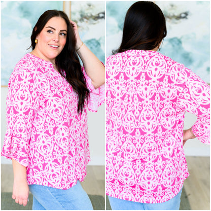 Lizzy Bell Sleeve Top in Hot Pink Damask (reg & plus)