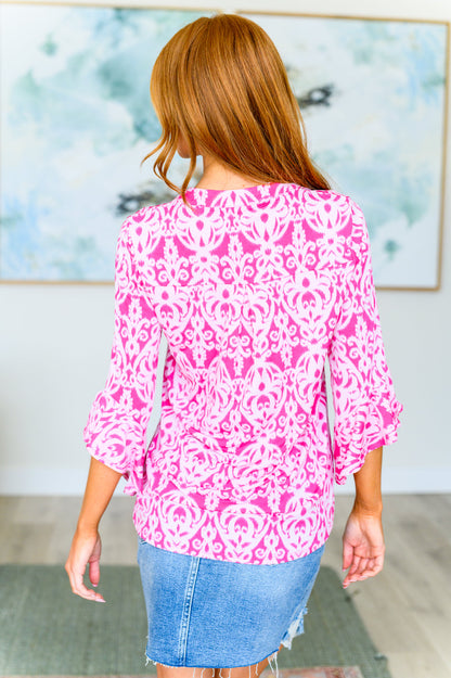 Lizzy Bell Sleeve Top in Hot Pink Damask (reg & plus)
