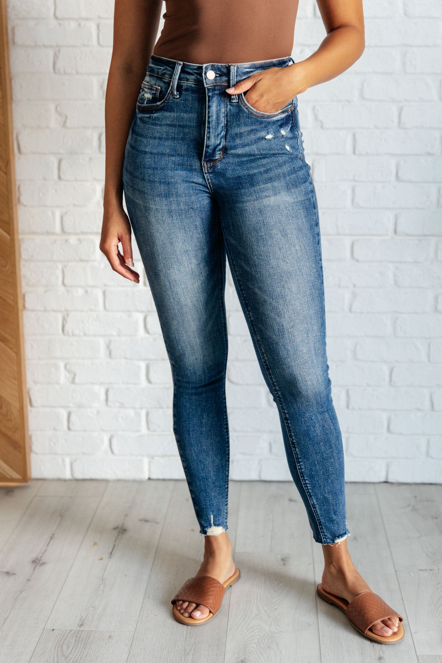Judy Blue: Alba High Rise Control Top Distressed Hem Skinny Jeans