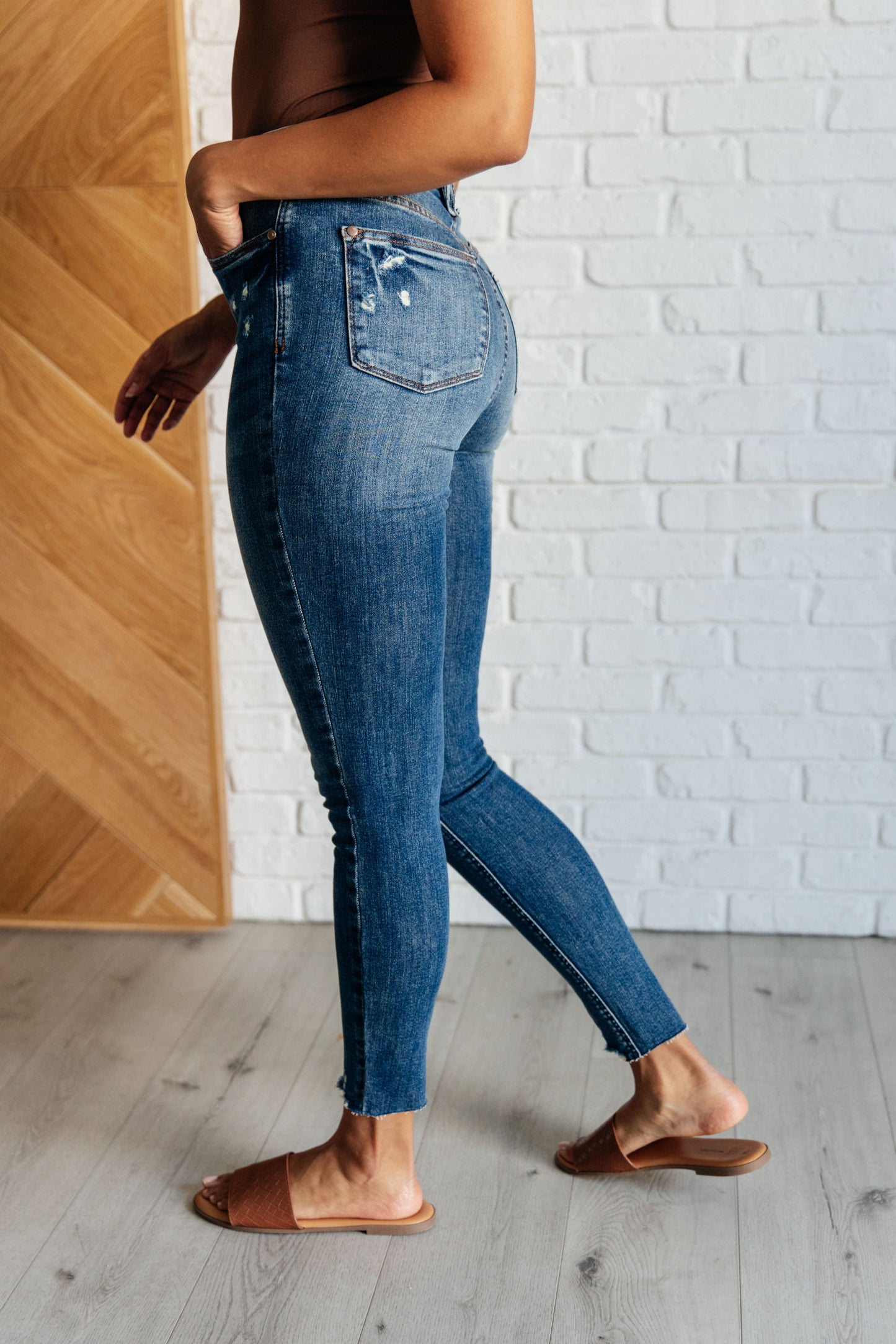 Judy Blue: Alba High Rise Control Top Distressed Hem Skinny Jeans