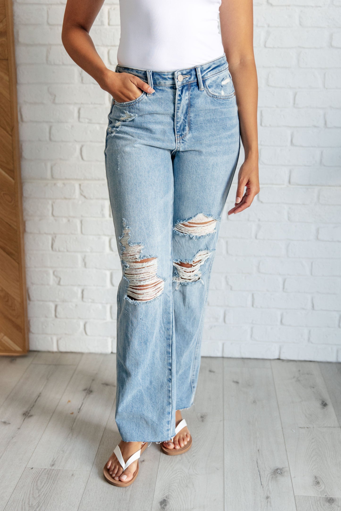 Judy Blue: Ramona High Rise Rigid Magic Destroyed Straight Jeans