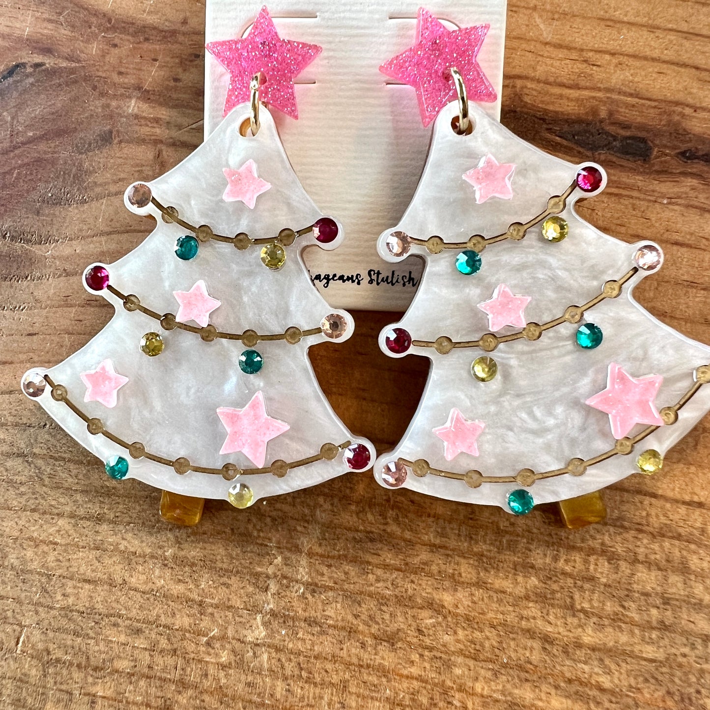 Pink Star Christmas tree earrings