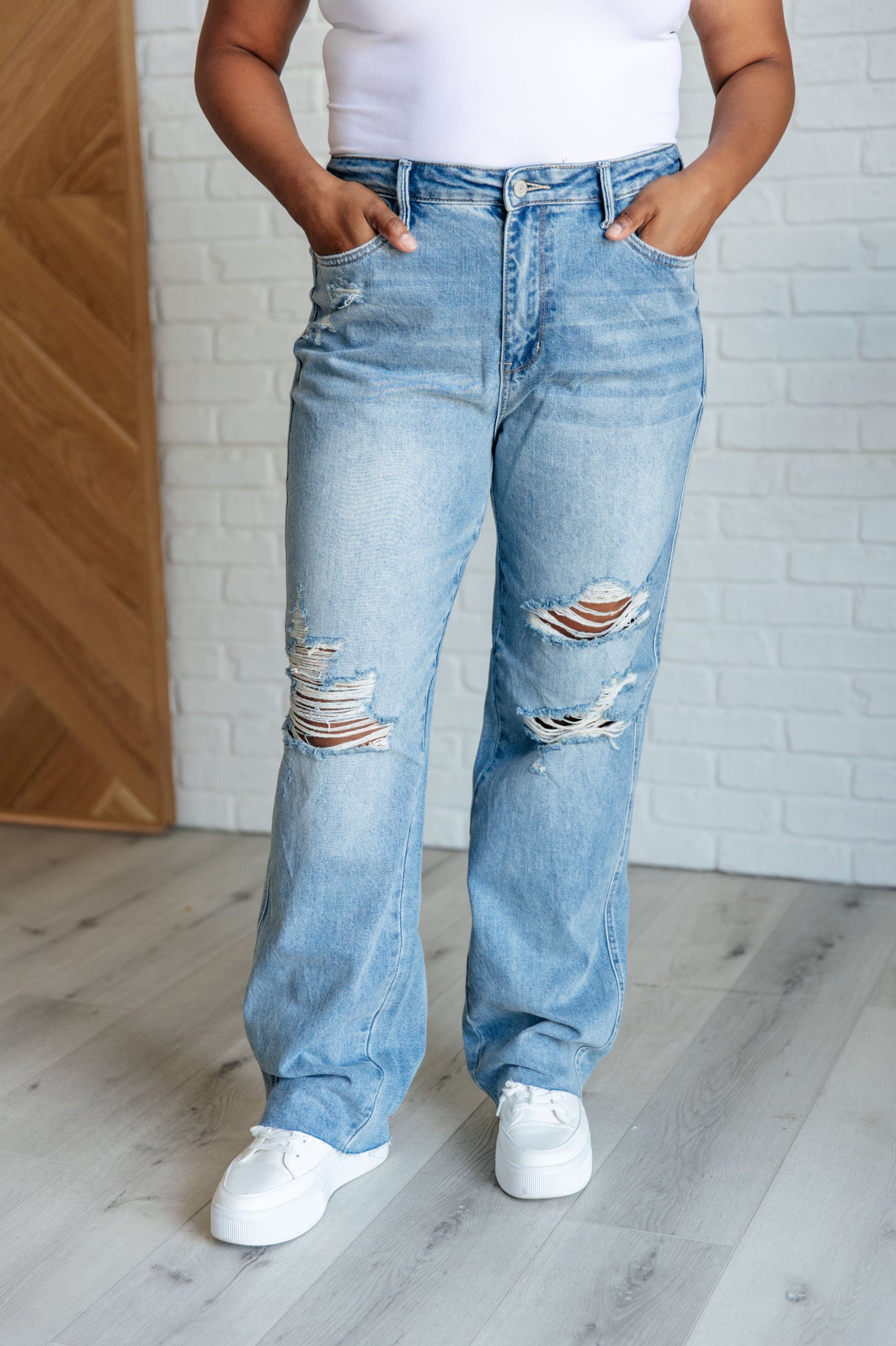 Judy Blue: Ramona High Rise Rigid Magic Destroyed Straight Jeans