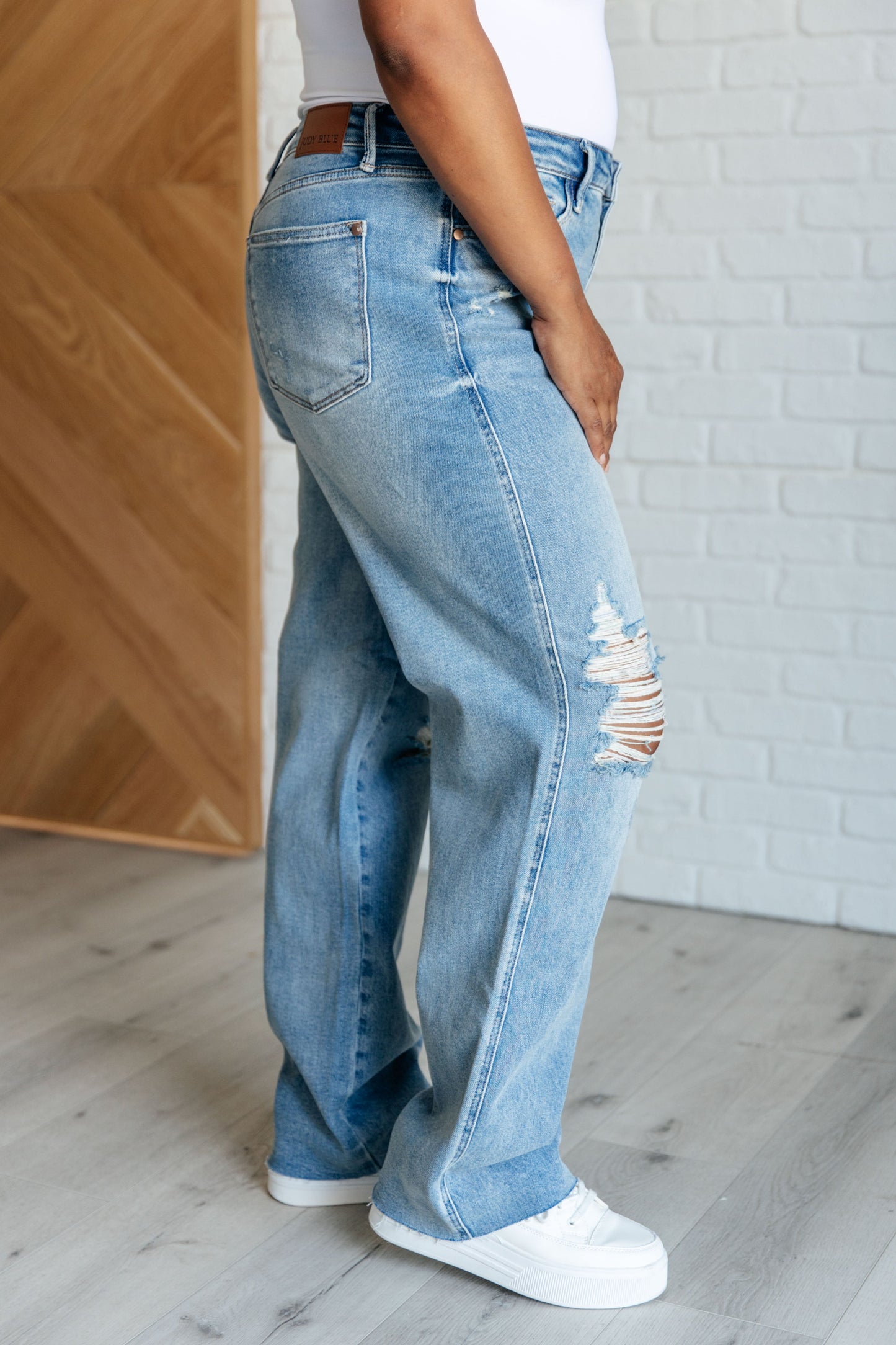 Judy Blue: Ramona High Rise Rigid Magic Destroyed Straight Jeans