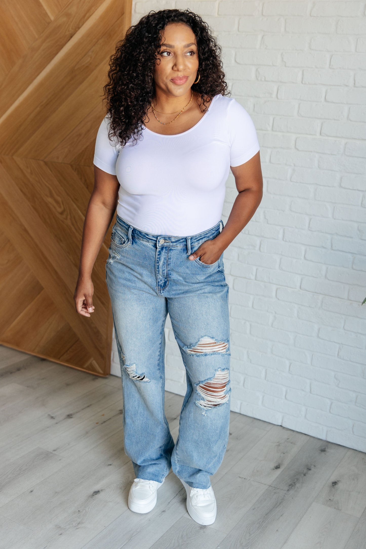 Judy Blue: Ramona High Rise Rigid Magic Destroyed Straight Jeans