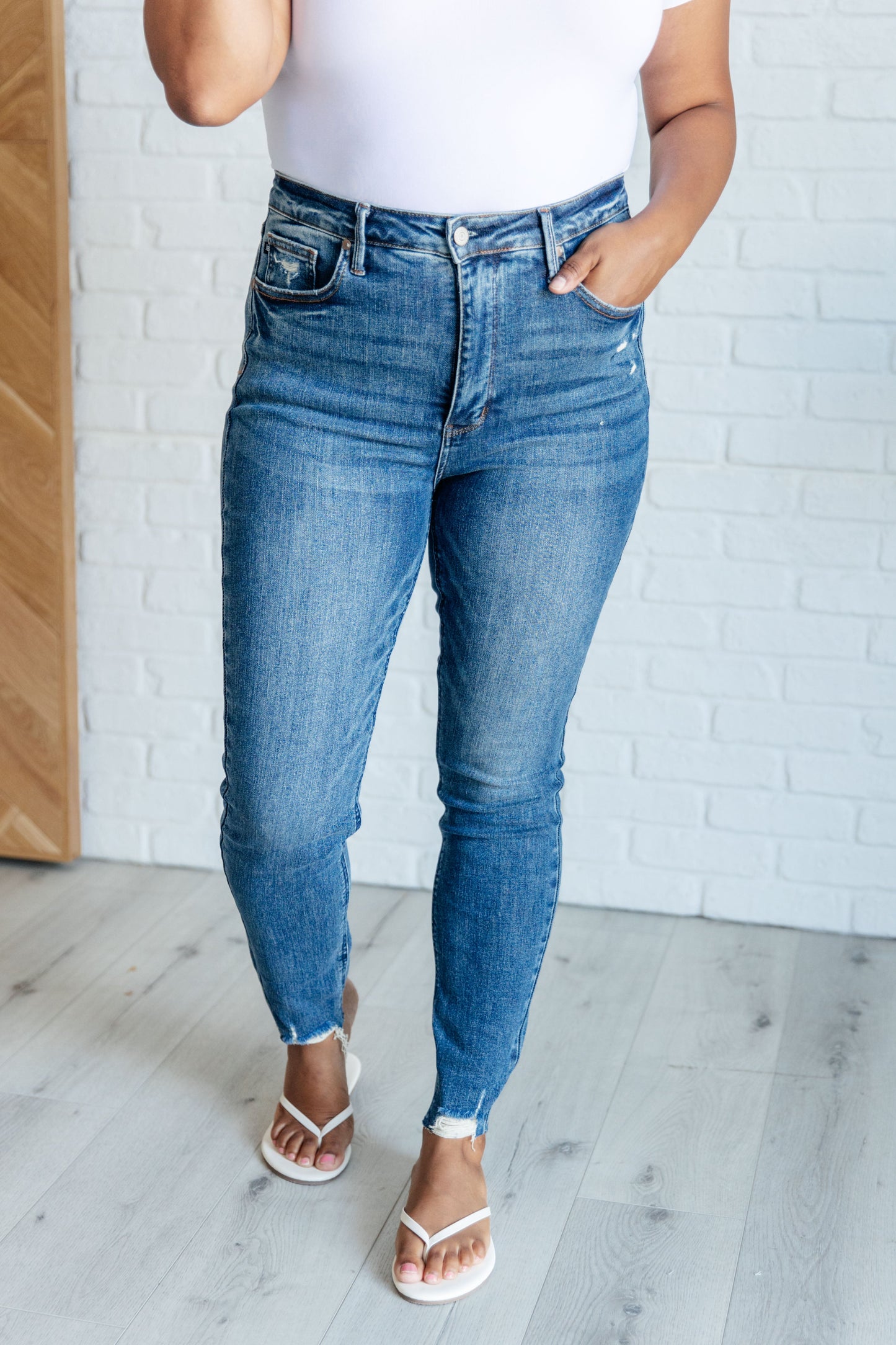 Judy Blue: Alba High Rise Control Top Distressed Hem Skinny Jeans