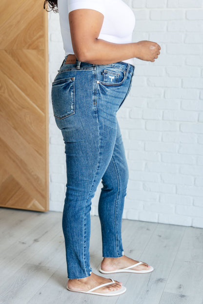 Judy Blue: Alba High Rise Control Top Distressed Hem Skinny Jeans