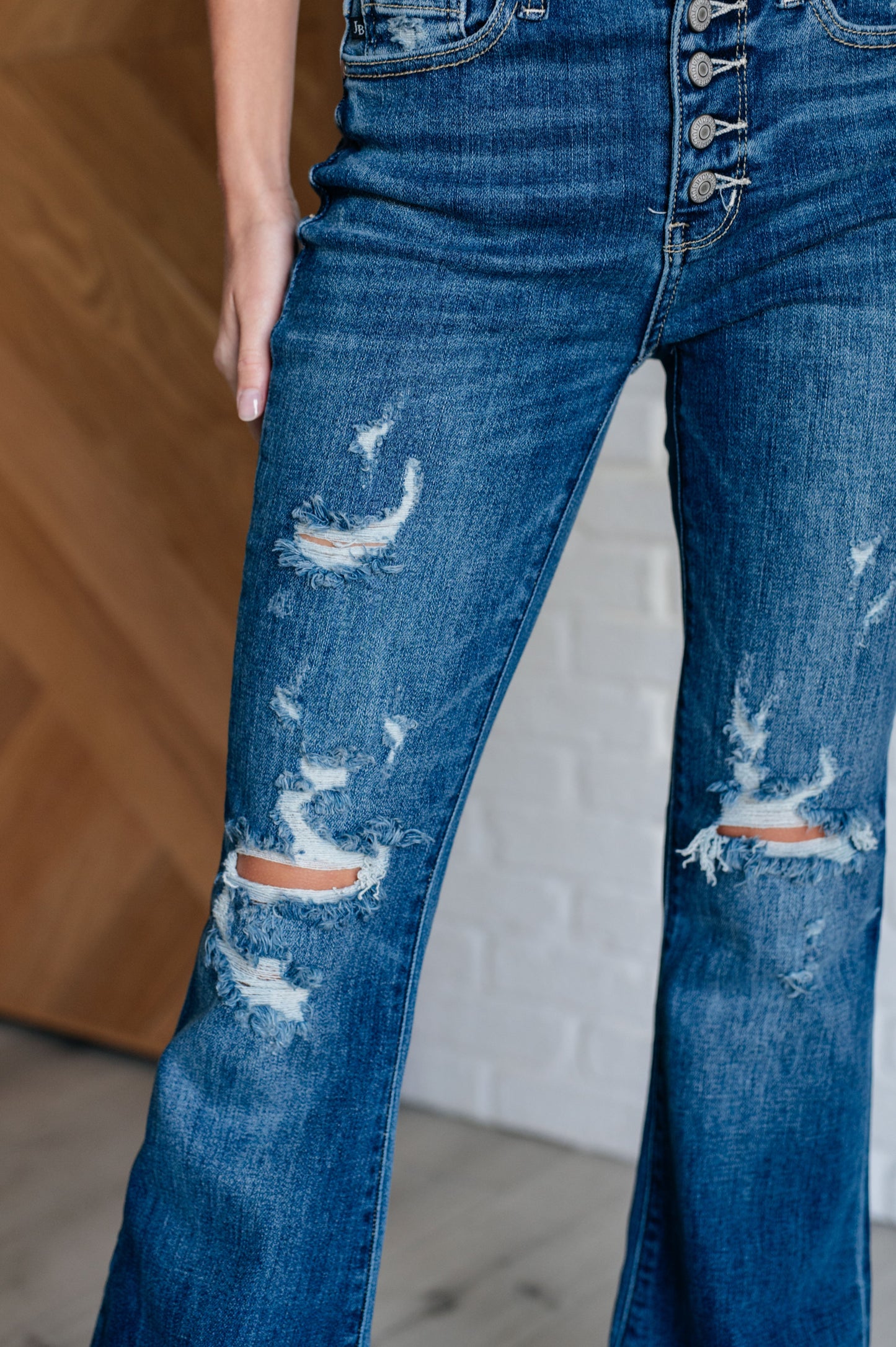 Judy Blue: Gabriella Mid Rise Distressed Button Fly Flare