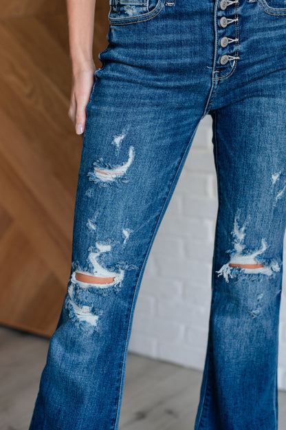 Judy Blue: Gabriella Mid Rise Distressed Button Fly Flare