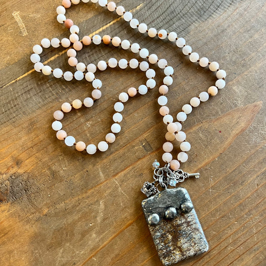White & peach bead necklace w bronze stone