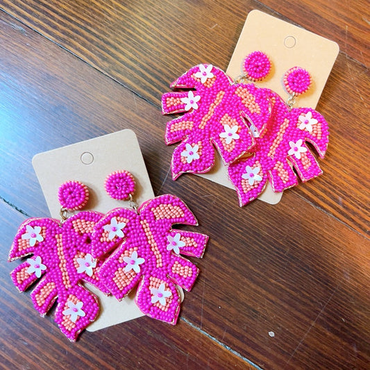 Pink feather beaded earrings