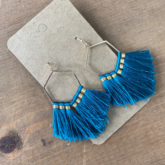 Teal Hexagonal Tassel earrings